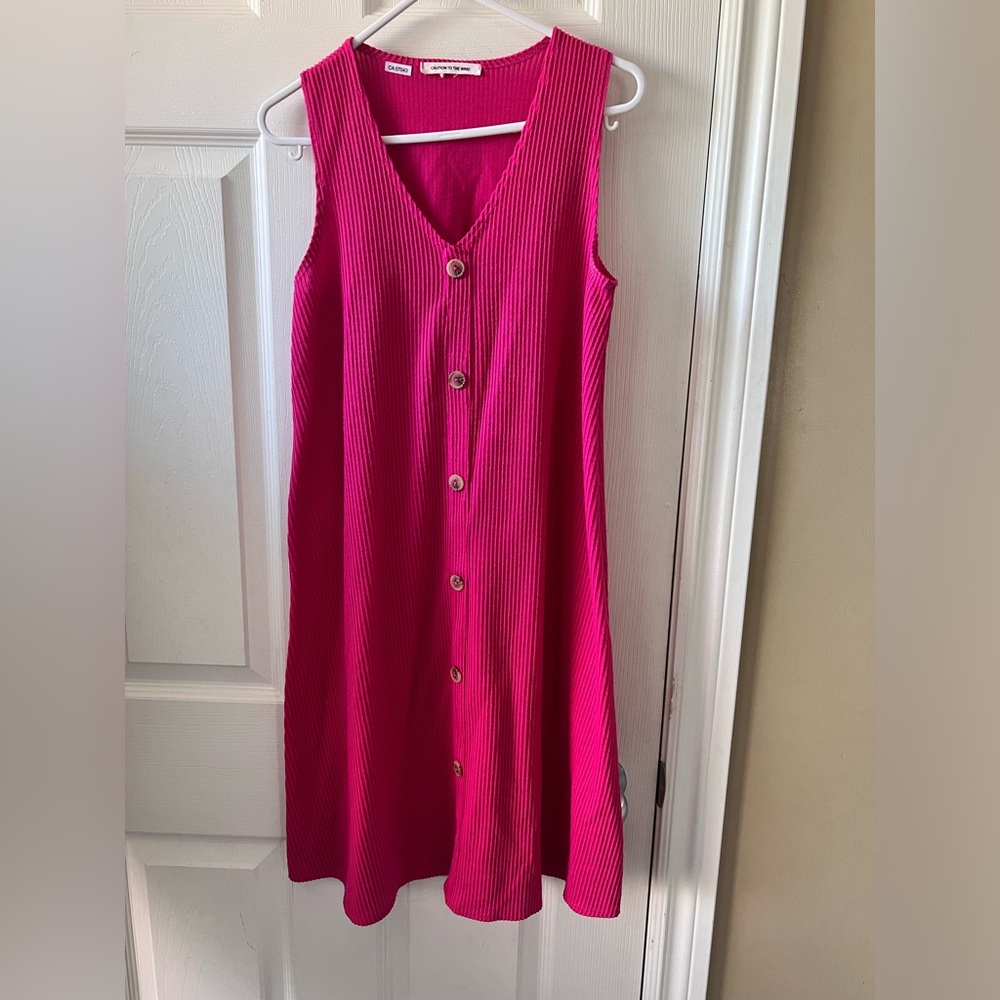 Bright Pink Sleeveless V-Neck Ribbed Dress